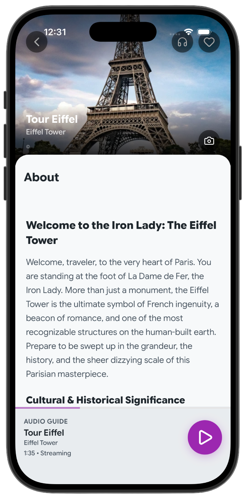trippinguide app showing the Eiffel Tower attraction guide with audio playback