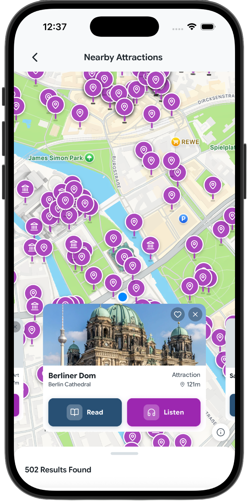 trippinguide app showing 502 nearby attractions on a Berlin map with the Berliner Dom selected